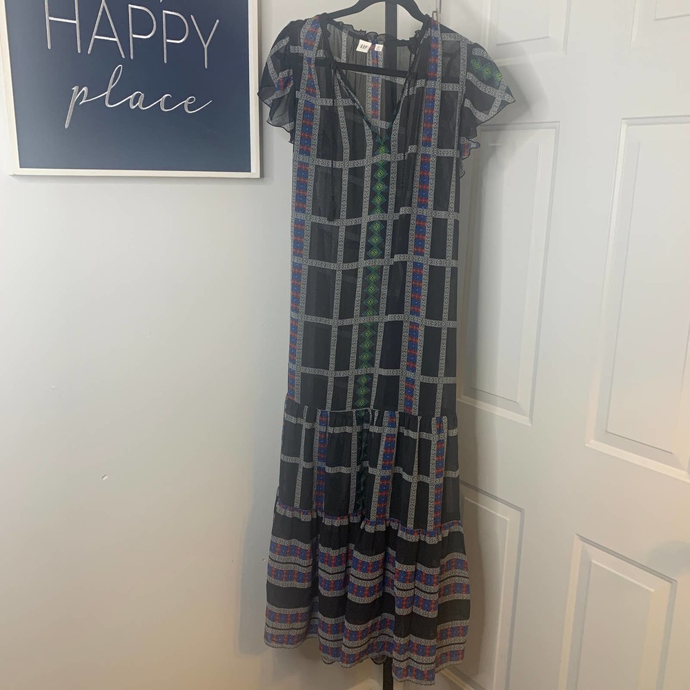 Gap Womens Dress Size Small Tall Black Checkered Geo Chiffon Maxi‎ Tie Waist